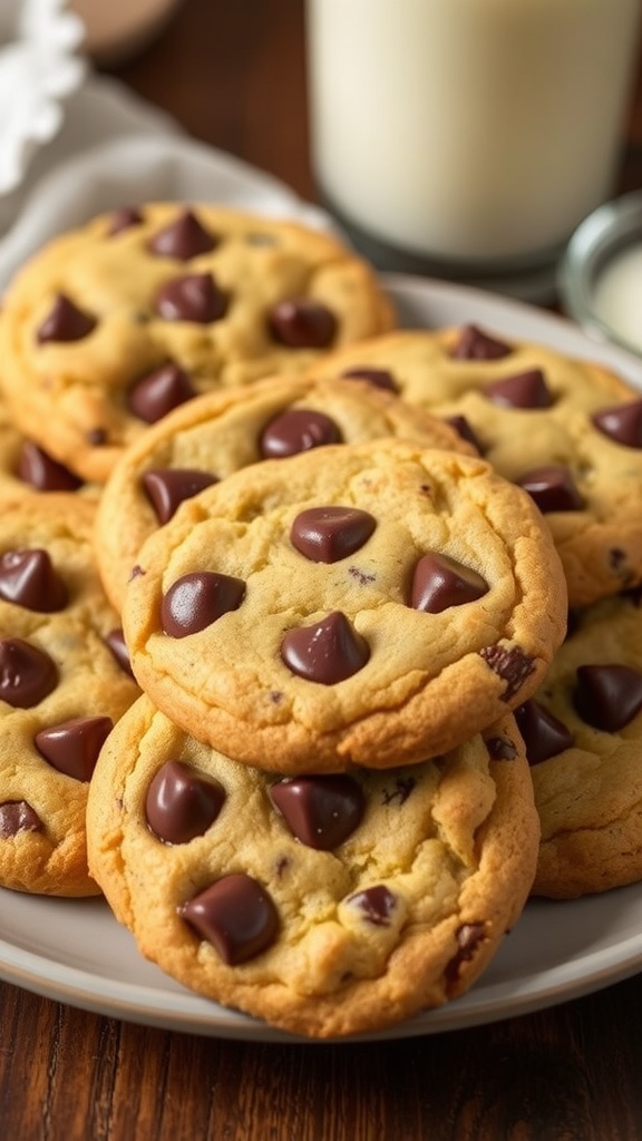 A plate of warm chocolate chip cookies with melting chocolate chips and a glass of milk.